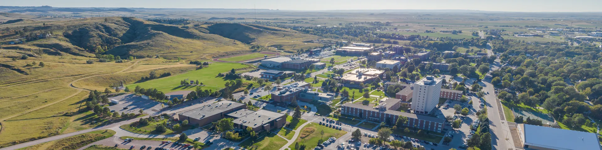 Aerial view of Chadron State College in the evening