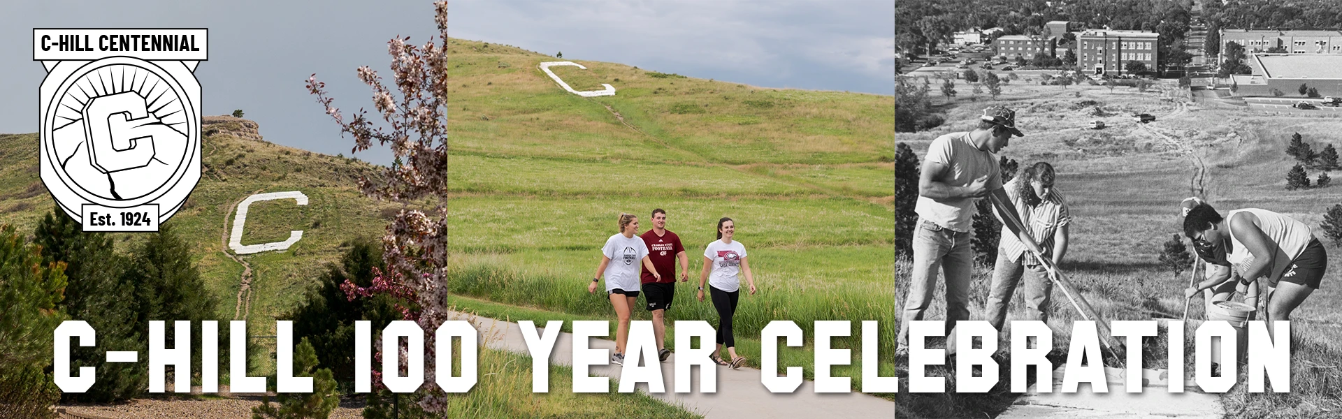 The white letter C on C Hill and a group of students walking near C hill and a group of students painting the C on C Hill.