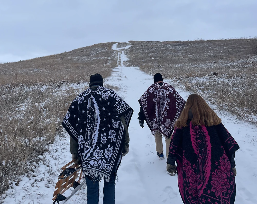 Three students in winter gear climbing a hill