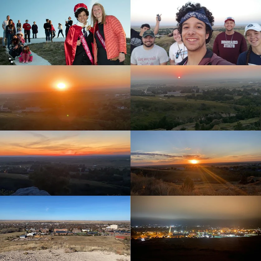 Composite showing several sunsets, a city at night, and a group of people on C-Hill