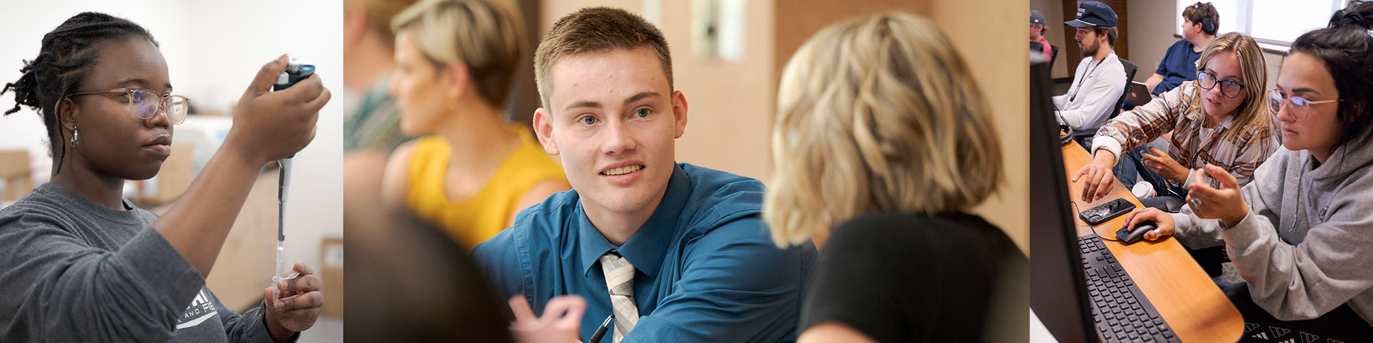 Collage of students working in three different academic programs