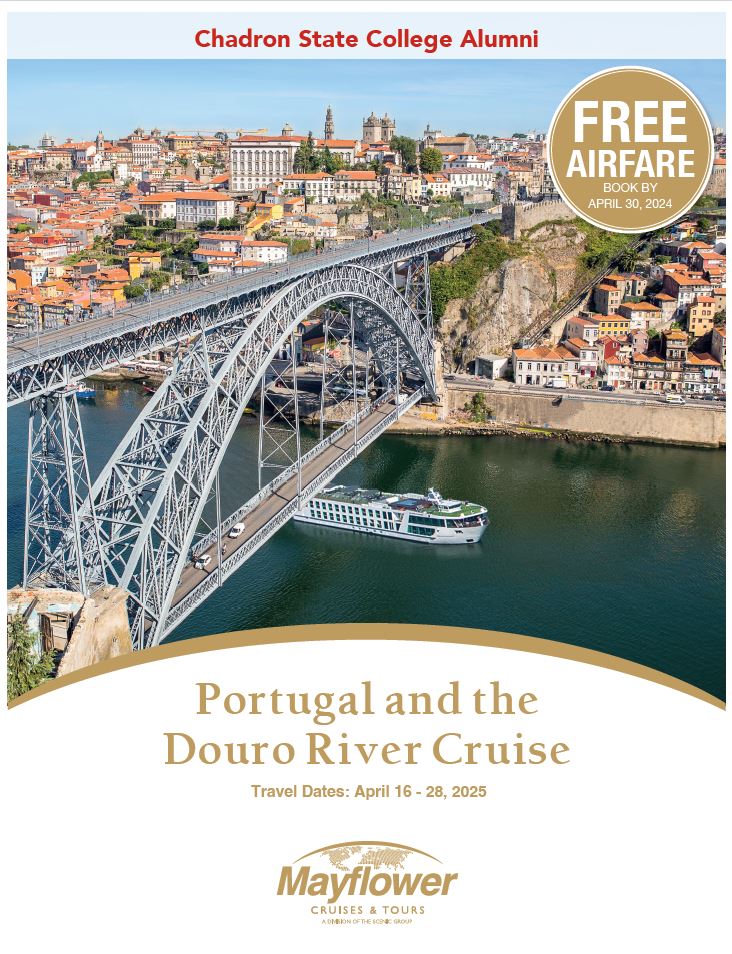 Portugal river cruise brochure image showing a city with a boat and a bridge and name of cruise