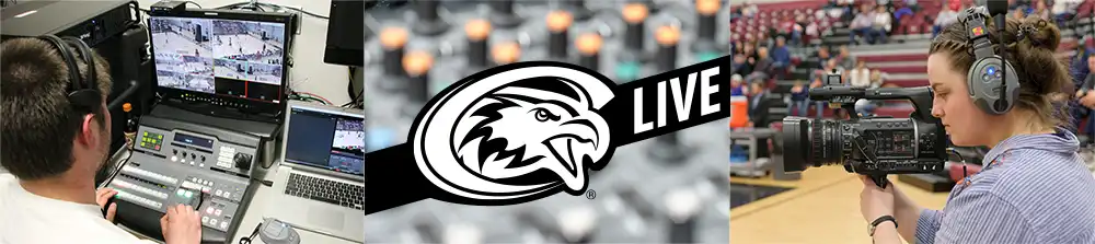Triptych showing a student operating a video switcher, the CSC Live logo, and a student operating a camera.