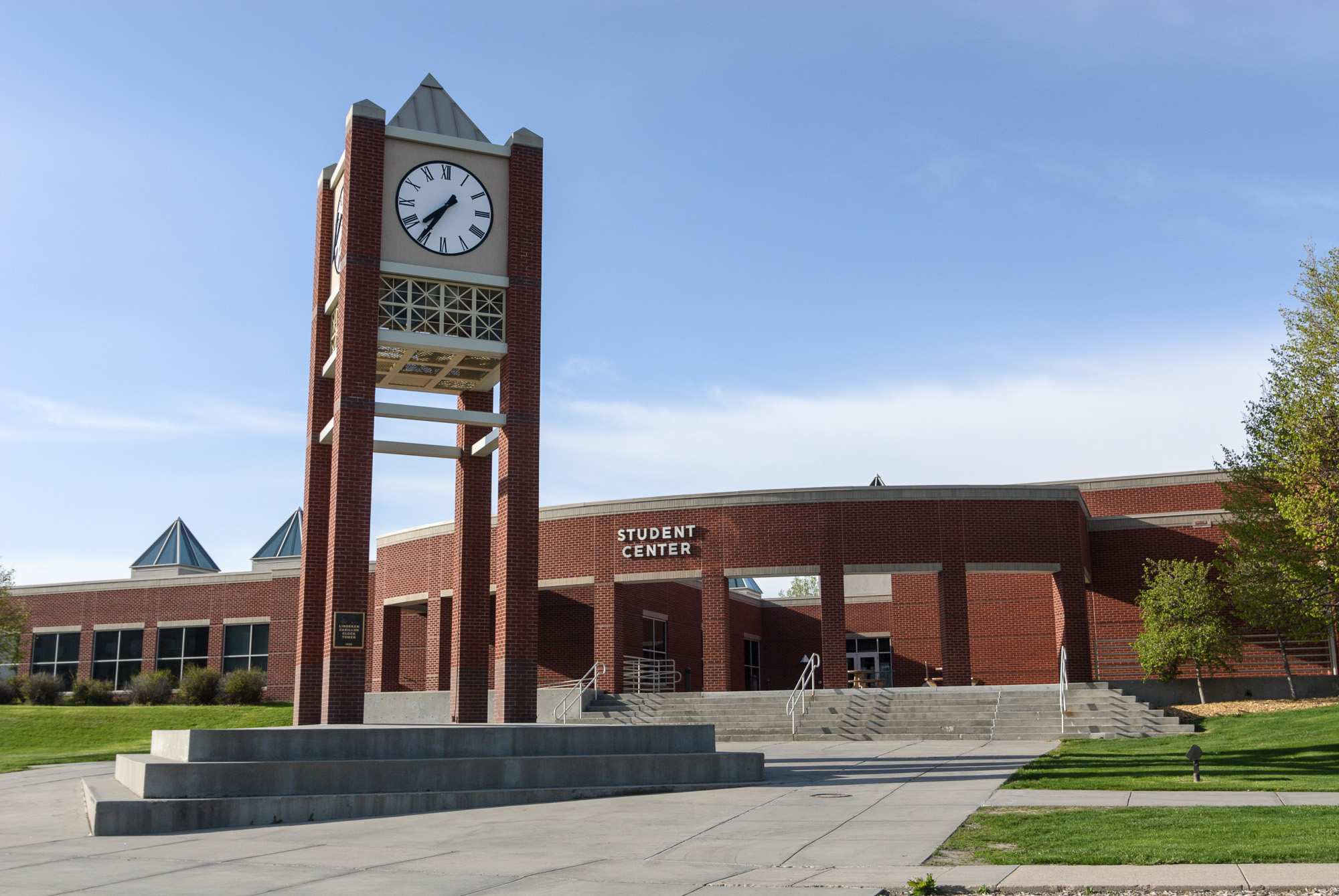 The image is of the front of the Student Center where the clock tower is.