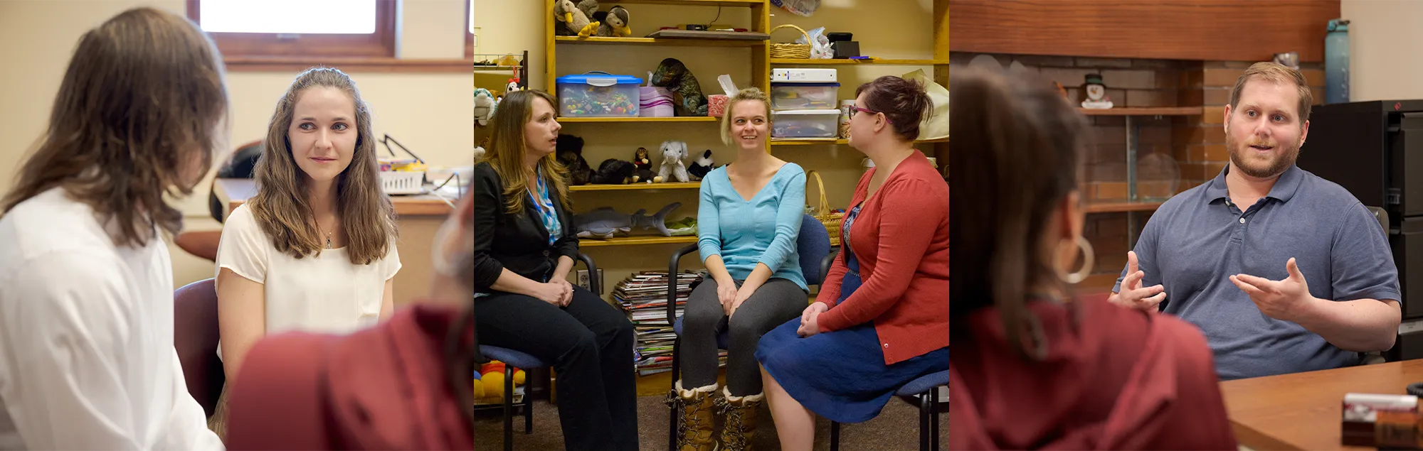 Three scenes showing Counseling students and faculty engaged in discussion