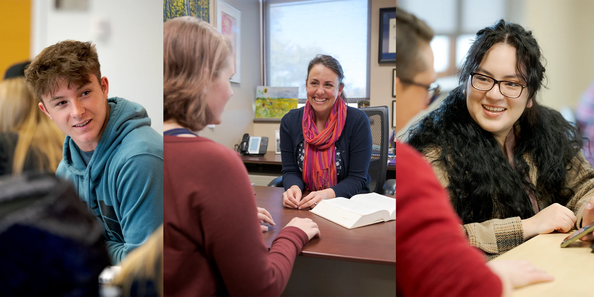 Three scenes showing faculty and students working in English classes