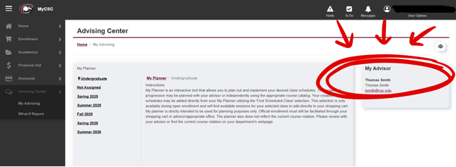 Screenshot showing where My Advisor is located on the Academic Planner page in MyCSC.