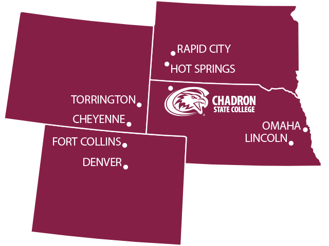 Nebraska, South Dakota, Wyoming, and Colorado state outlines with Chadron marked in northwest Nebraska