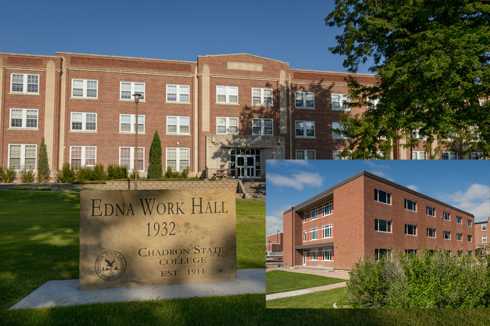 Exterior view of Work Hall and Work Wing, shown inset