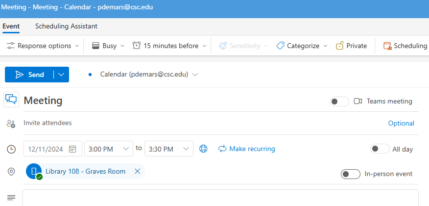 Outlook calendar room reservation example
