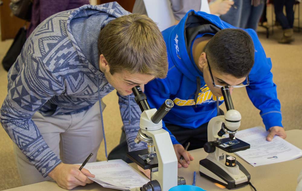 Students looking in microscope
