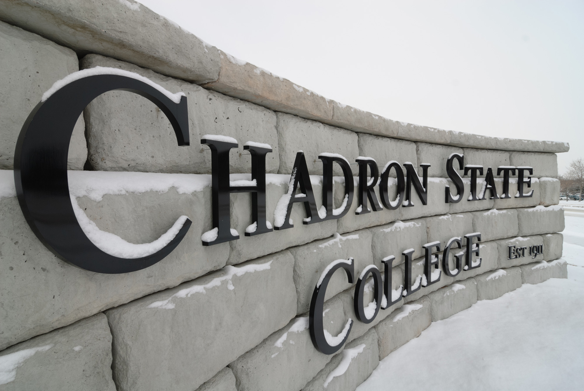 Chadron State College entrance sign with snow