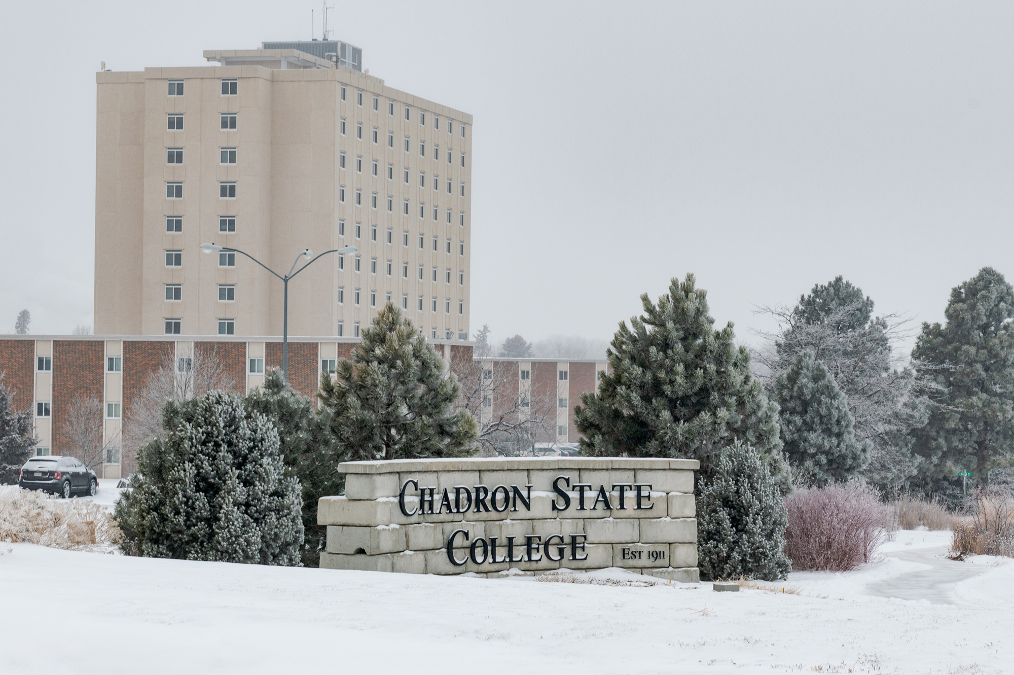 Chadron State College entrance sign and High Rise