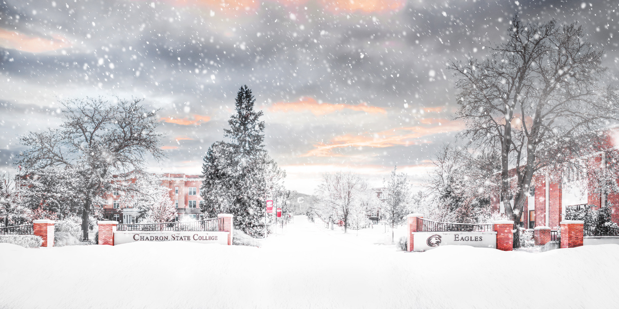 Chadron State College entrance under a blanket of snow