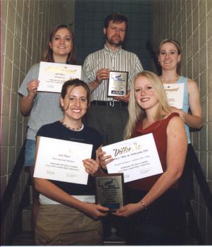 Front, from left, are Caela Raish of Piedmont, S.D., and Hannah McMaster of Chadron, In the back are Lyndsey Wall of McCook, Professor Robert Duron and Lariann Smith of Philip, S.D.
