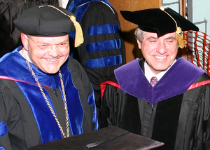 Tom Krepel and Ben Nelson laugh prior to winter commencement
