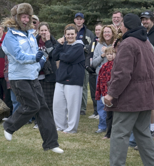 CSC student Sierra Lamb jumps for joy as Kellee Gooder calls for the ace.