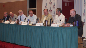 Jordan Ball, Terry Terrell, Steve Sibray, moderator Mike Leite, Rex Amack, Bruce Troester and Tom Oliver.