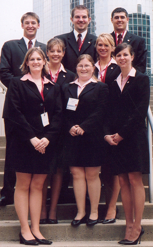 Students in Free Enterprise members at Kansas City, Lacey Gulbranson, Aleyse Schultz and Megan Boyle, Jamie Mills and Jessi Moore, Seth Hulquist, Nick Davis and Brandon Doke.