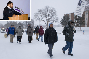 People march in the snow