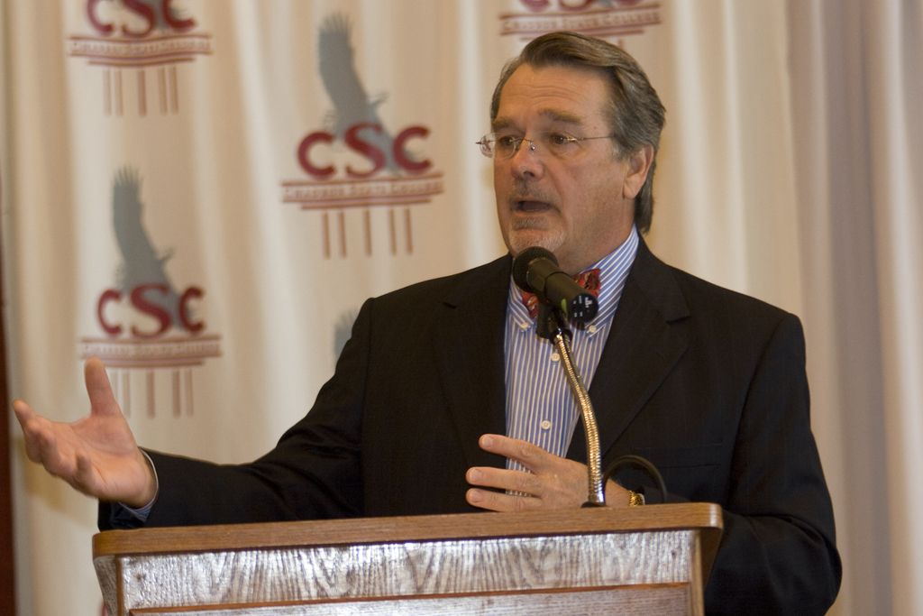 Nebraska State College System Chancellor Stan Carpenter addresses Chadron State College employees in September 2008.
