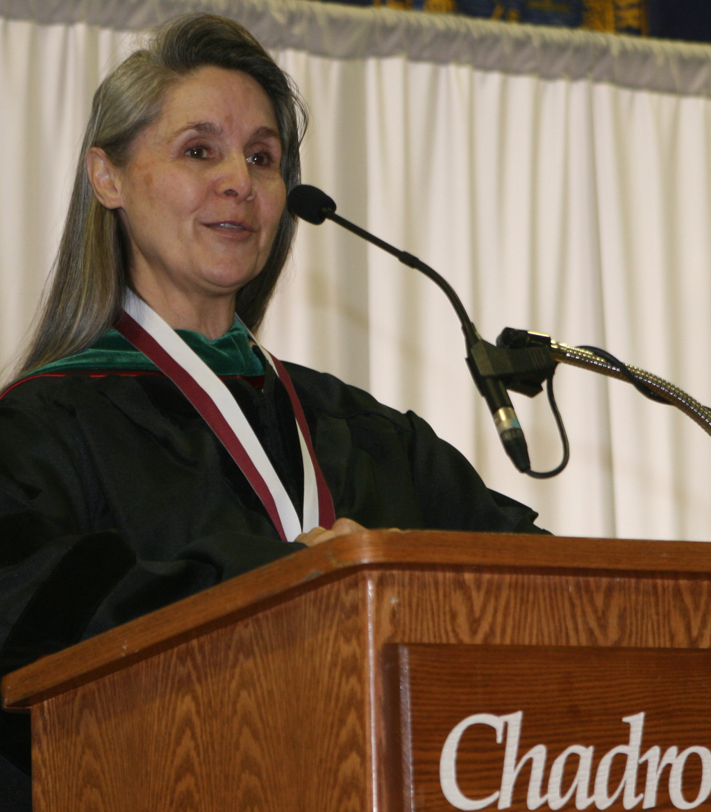 Dr. Leanna Scott-Timperley, who was presented Chadron State College's Distinguished Alumni Award speaks to class.