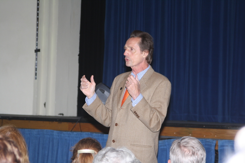 Joe Starita speaks about Chief Standing Bear to a crowd in Chadron State College's Memorial Hall on Sept. 27. (Photo by Con Marshall)
