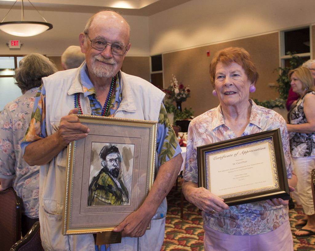 Former Chadron State College fine arts faculty members, from left, John Lurvey and Dr. Carol Pratt, honored Sunday morning in the CSC Student Center during the 1960s and 1970s fine arts reunion.