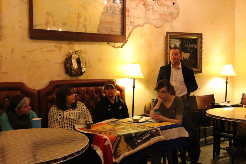 Chadron State College students Tricia Mitnik, Katrina Hurley and Broc Anderson participate in a panel discussion at the Bean Broker.