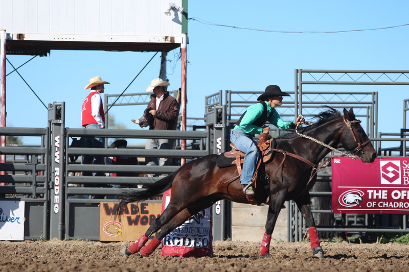 Shelby Winchell runs the barrels during the Chadron State College Rodeo