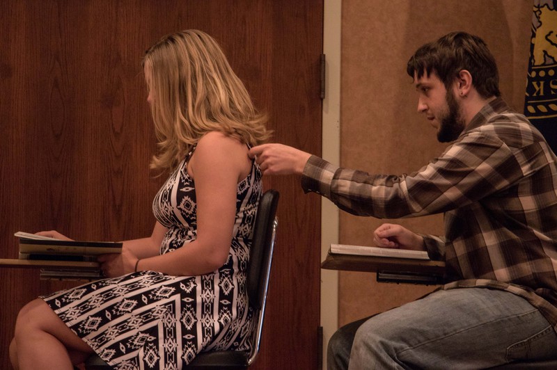 Tami Rethman and Laven Adair portray students involved in a bra strap snapping incident in a school classroom
