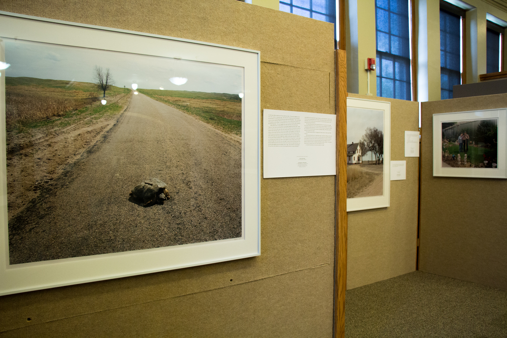 A turtle crossing a road near Hay Springs, Nebraska, is one of several large format photos in the