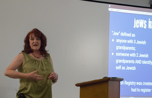 Mary Gould-Traphagan speaks in King Library