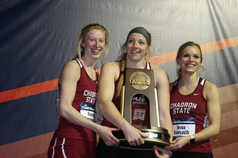 Chadron State College student athletes, from left, Stachia Reuwsaat, Mel Herl, and Tessa Gorsuch pose at the NCAA Division II Indoor Track and Field Championships in Birmingham, Alabama.