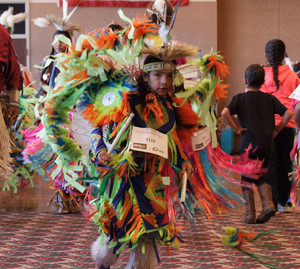 Attendees of the annual Chadron State College Powwow hosted by the Native American Club dance in the Student Center Ballroom, Nov. 19, 2016.