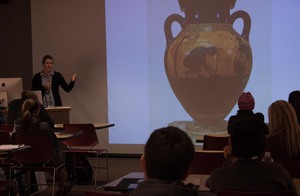Jennifer Nelson, guest lecturer, speaks to a Chadron State College art class Monday morning. A reception for Nelson will be 3-4:30 p.m. in Memorial Hall Monday.