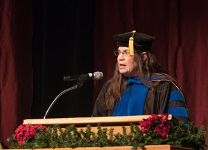 Dr. Laura Gaudet speaks to the master's graduates at Winter Commencement in Memorial Hall Friday, Dec. 15, 2017.