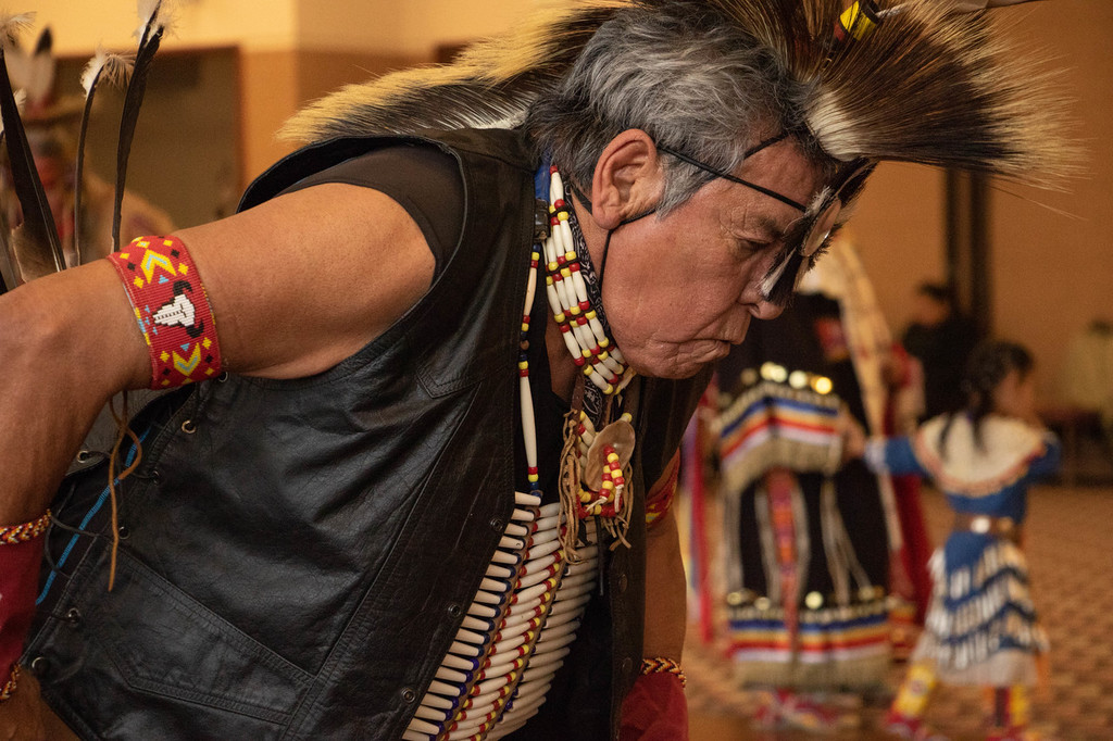 Sonny Richards of Rapid City, S.D. dances at Chadron State College's 2018 Mari Sandoz Wacipi, Powwow, in the Student Center.