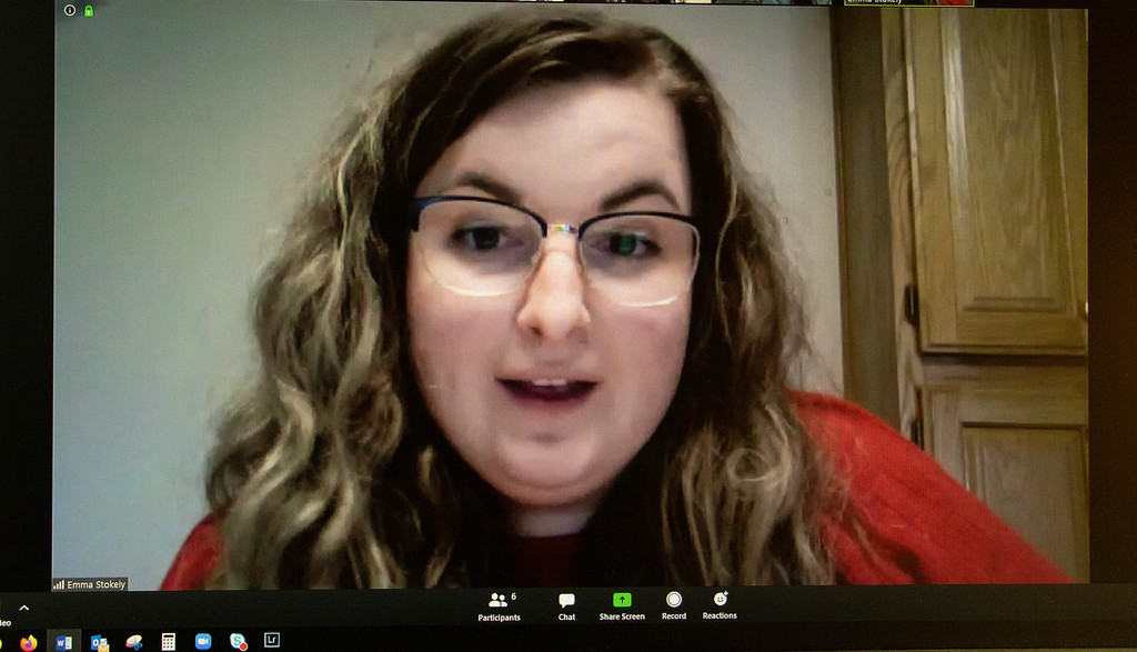 Chadron State College alumna Emma Stokely speaks via video conference