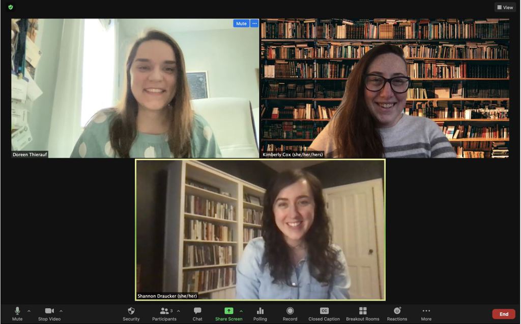 Dr. Kim Cox, upper right, on a video conference call with Shannon Draucker and Doreen Thierauf