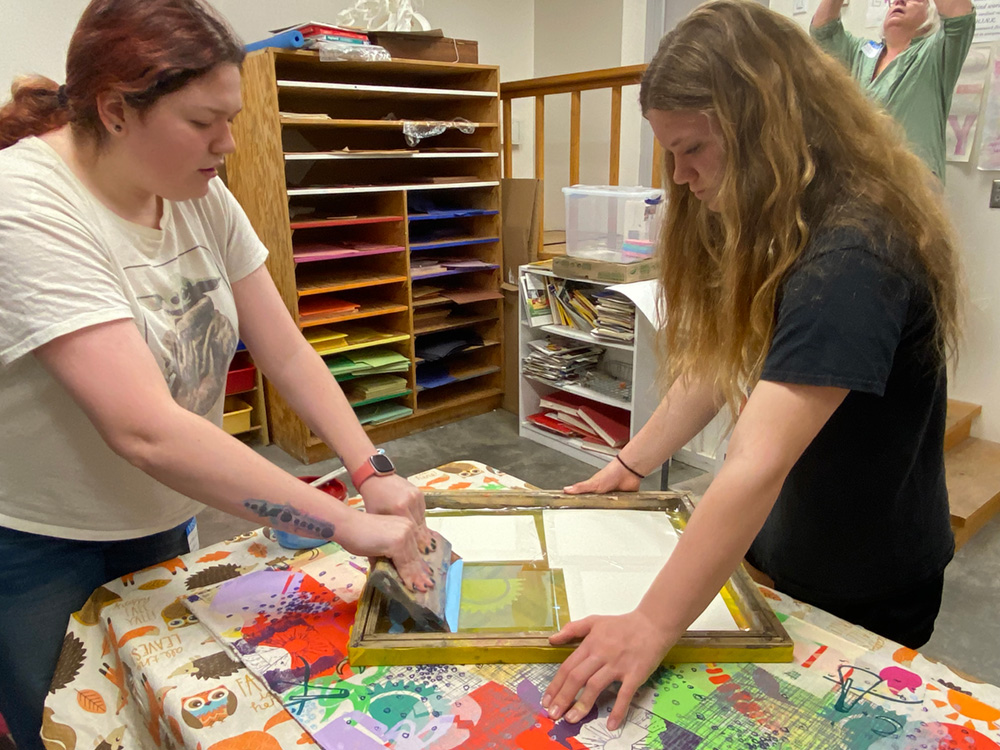 Printmaking with college students and seventh graders