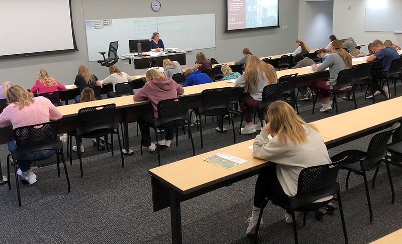 Associate Professor of Biology Dr. Rochelle Rider proctors an Anatomy and Physiology exam during the 60th Scholastic Contest, 2023. (Courtesy photo, used with permission)