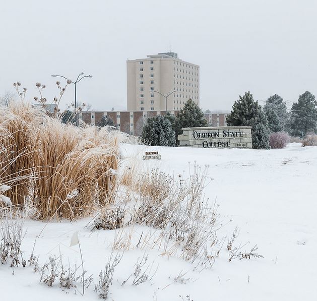 East entrance to Chadron State College covered in snow