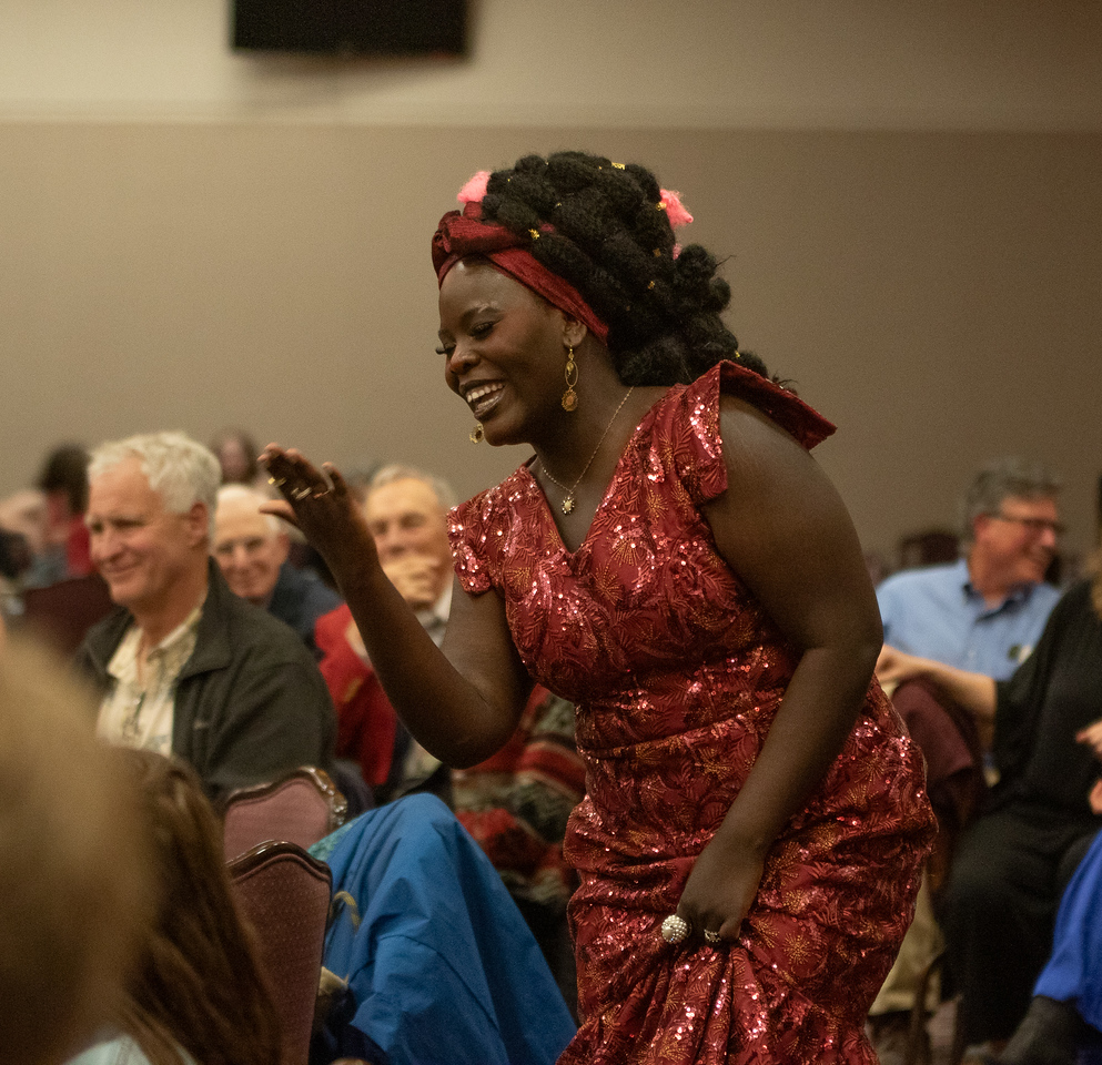 Woman in dress in crowd