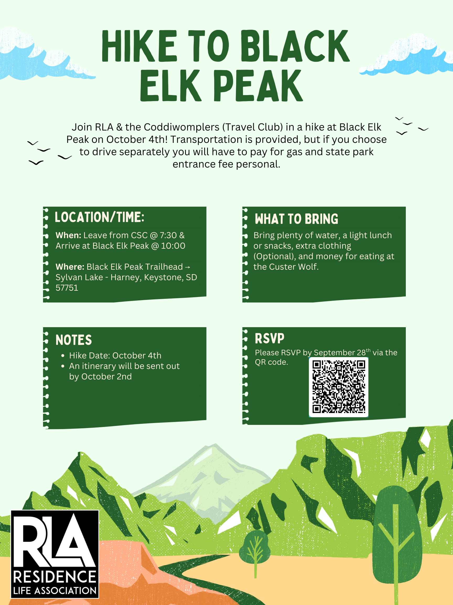 Poster featuring information about upcoming Black Elk Peak hike.