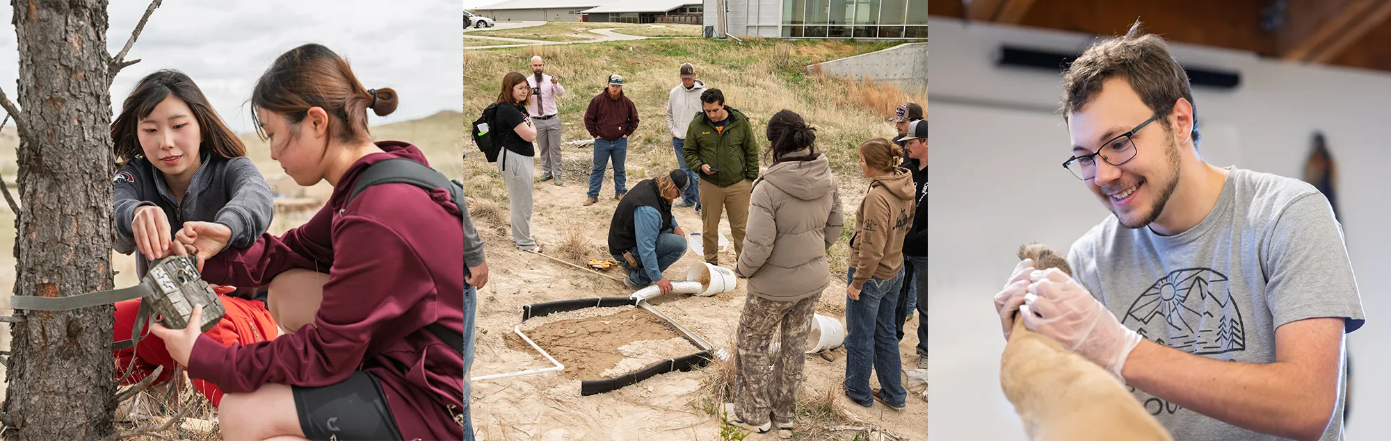 Three scenes of Agriculture and Rangeland students working on field exercises and wildlife examination