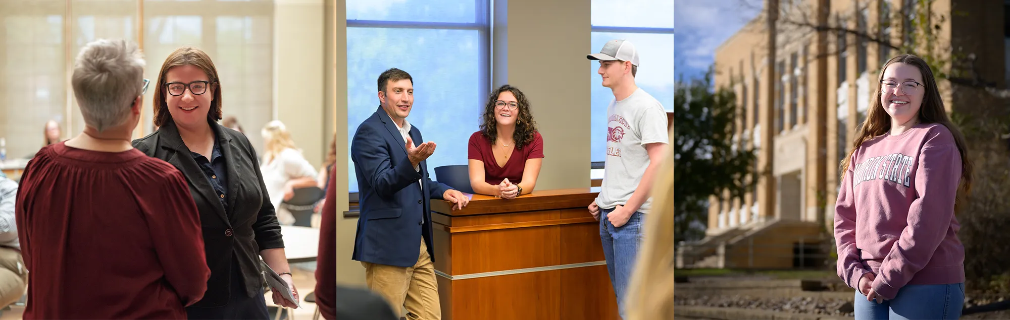 Three scenes of legal studies students in the classroom and at a courthouse