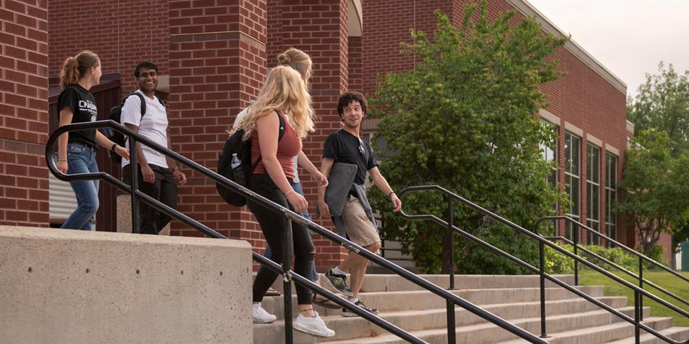Students exploring campus outside the student center