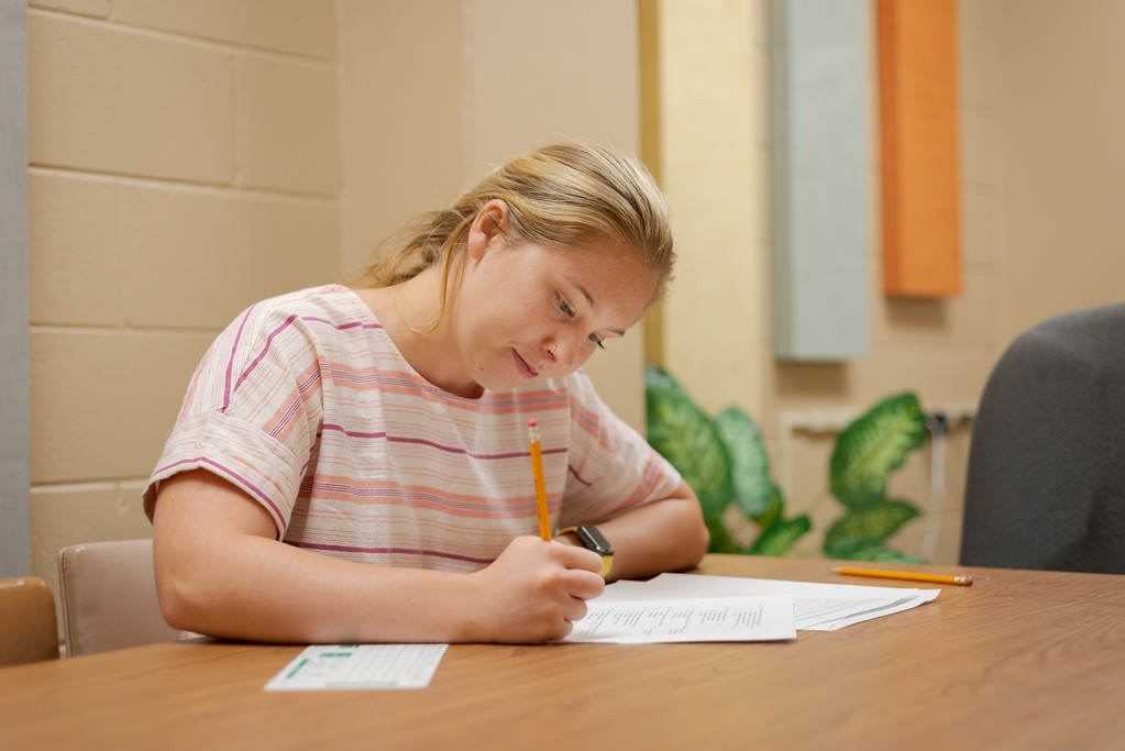 Caitlin Feddersen takes a test in the Learning Lab at King Library.