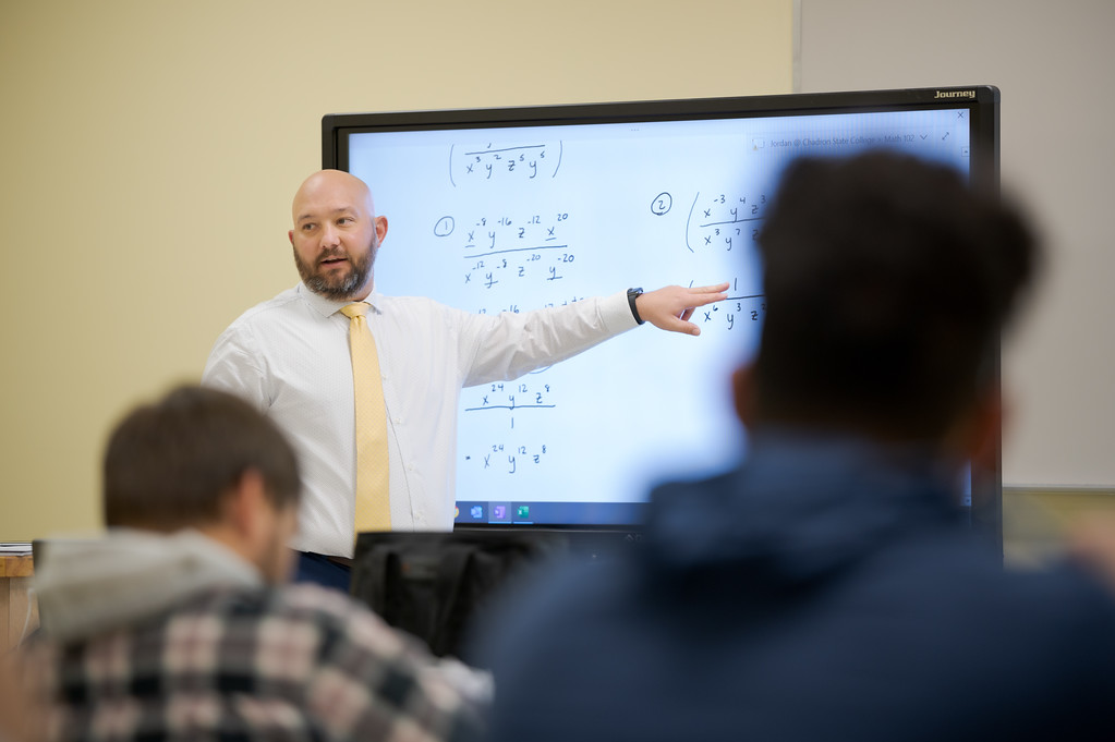 Jordan Haas, instructor of mathematical sciences, teaches a course in the Burkhiser Complex in April 2022.